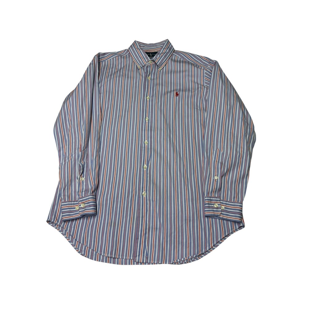 Vtg Ralph Lauren Mens Classic Fit Striped Button Down Shirt Blue Red 15.5 32/33